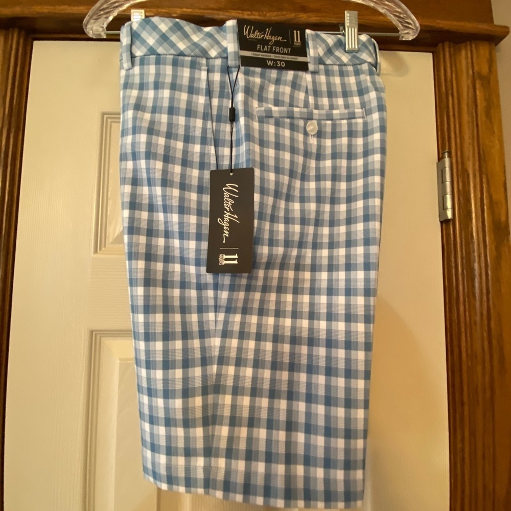 Walter Hagen 11 Majors Plaid Golf Shorts Mens Sz 30 Flat Front Blue Whit…